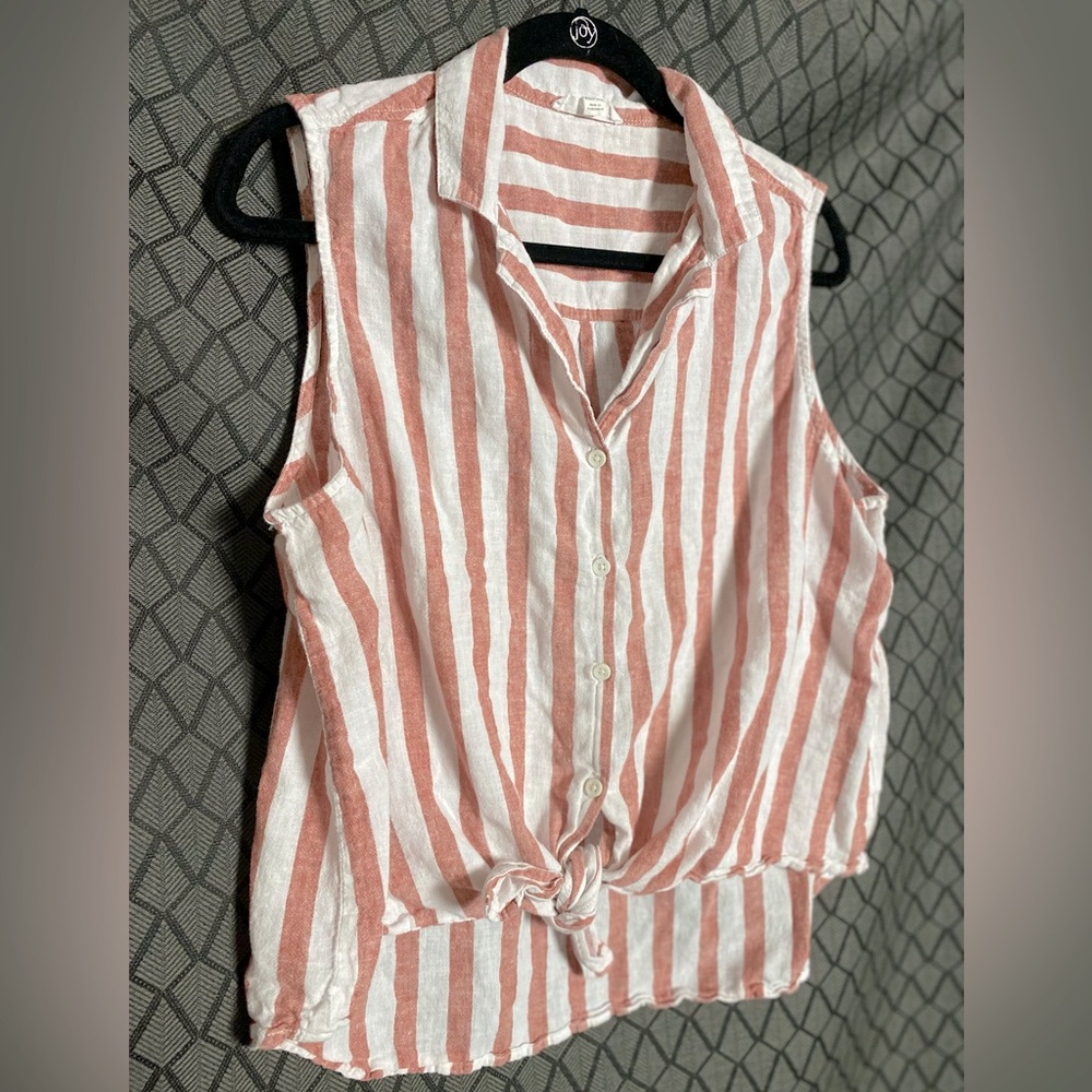 CLEARANCE Red &  White Stripe Linen Sleeveless Button Down Tie Waist Top - XL
